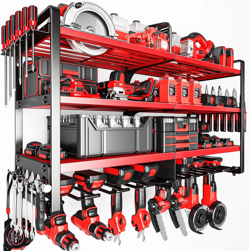 Upgrade Large power tool organizer Wall Mount,4 Layers Heavy Duty Metal Loads 400lbs Power Tool Hanger Shelf Battery Storage with 8 Cordless Drill Bit Holder,Utility Racks for Garage Tool Room by GreenHaven Gardens