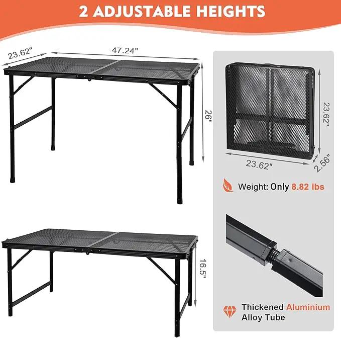 Camping Table with Mesh Desktop, Lightweight & Portable Folding Grill Table, Height Adjustable Metal Outdoor Table for Camp, Cooking, BBQ, RV, Picnic-4 FT Black by GreenHaven Gardens