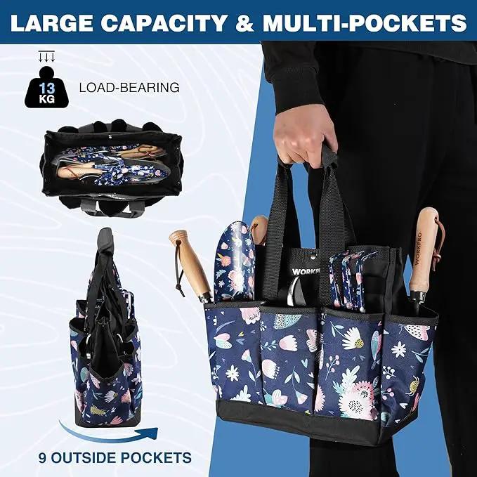 WORKPRO Garden Tool Bag, 9-Pocket Heavy Duty Oxford Tote Bag, Gardening Tool Kit Holder, 12" x 12" x 6" (Blue Insects) by GreenHaven Gardens