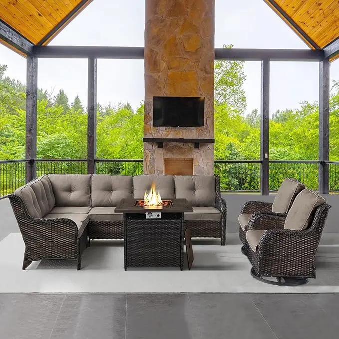 Outdoor Sectional Furniture Sofa Set with Propane Fire Pit Table, Wicker Patio Conversation Set with 2 Swivel Rocker Glider Chairs Grey Cushion Perfect for Backyard Casual Gathering by GreenHaven Gardens