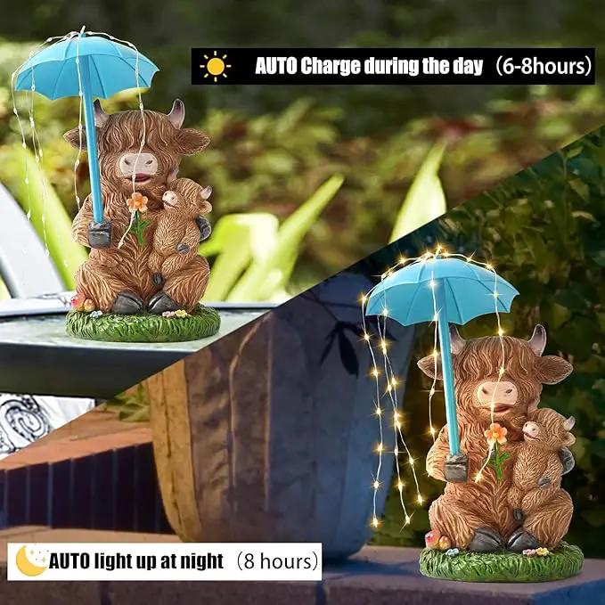 Solar Garden Statues Resin Loving Highland Cow Umbrella Lights Outdoor Decor Gifts for Yard, Patio Decorations by GreenHaven Gardens