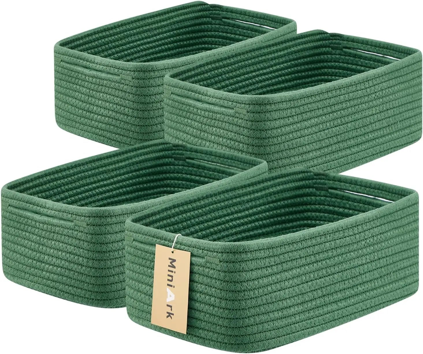 Small Storage Baskets for Organizing | Closet Organizer Bins | Shelf Toy Basket | Woven Rope Baskets | Cube Decorative Box | Shallow Basket | 13x8.5x5.1” | 4 Packs Green by GreenHaven Gardens