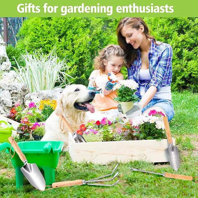 Garden Tools 5-Pieces, Heavy Duty Gardening Hand Tools with Wooden Handle, Canvas Gloves, Stainless Steel Material, Rust-Proof Garden Tool Set, Ideal Gardening Gifts for Women by GreenHaven Gardens