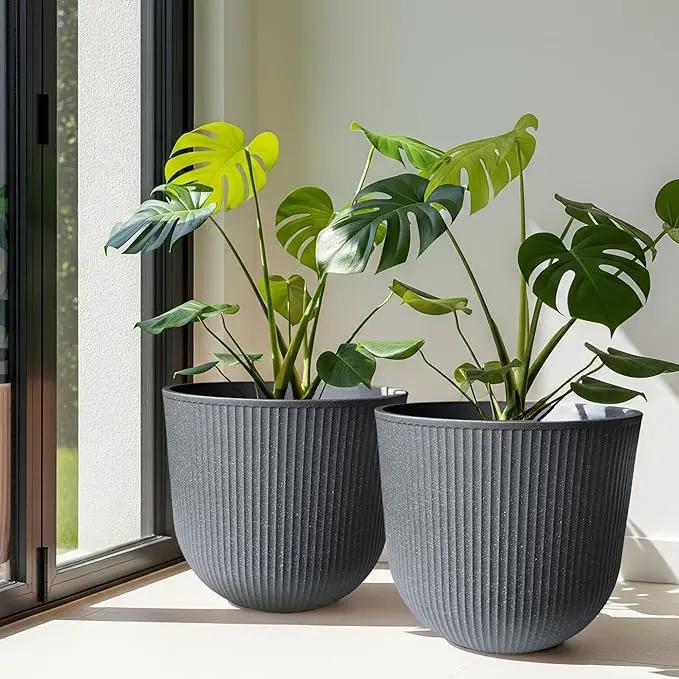 WORTH Garden Round Large Planter Pot Set of 2-17.5" Dia x 15.5" H - Durable Plastic Grey Plant Tree Pots with Vertical Stripe Textured Finish, Drainage Hole for Indoor, Outdoor, Front Porch, Patio by GreenHaven Gardens