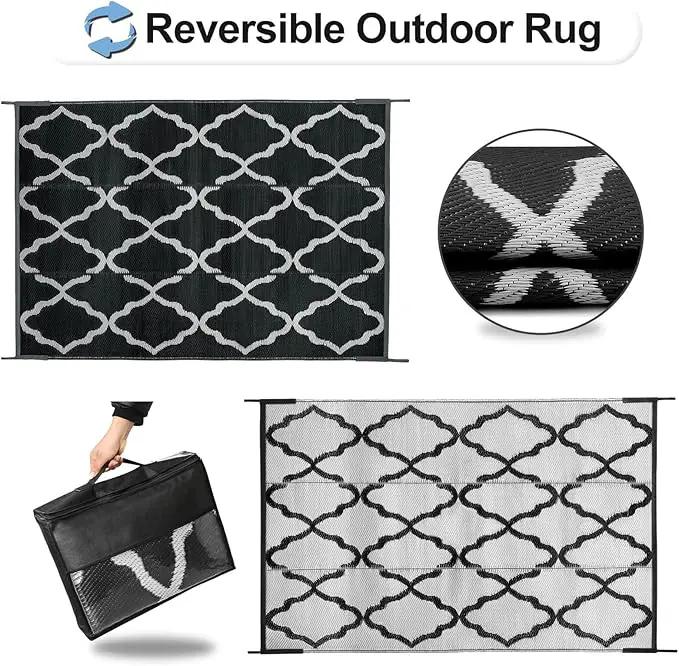 OutdoorLines Outdoor Plastic Area Rugs for Patio 4x6 ft - Reversible Outside Carpet, Stain & UV Resistant RV Mats, Straw Rug for Camping, Deck Garden, Porch and Balcony, Moroccan Black & Light Grey by GreenHaven Gardens