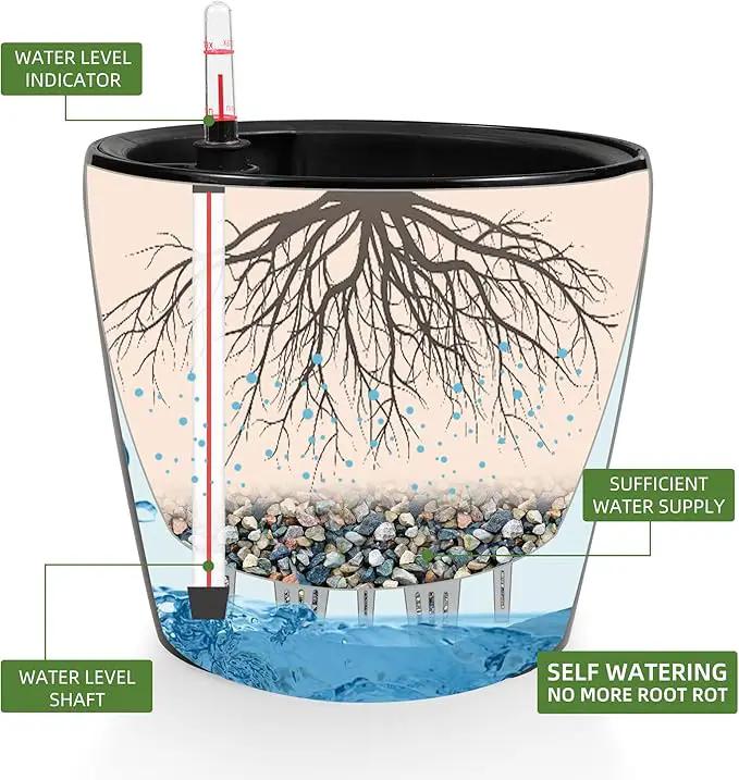 Dexceder 9x8 Inches High Gloss Self Watering Planter Indoor Outdoor, Inner Pot Design, Thickened Table Flower Plant Pot with Water Level Indicator (Black) by GreenHaven Gardens