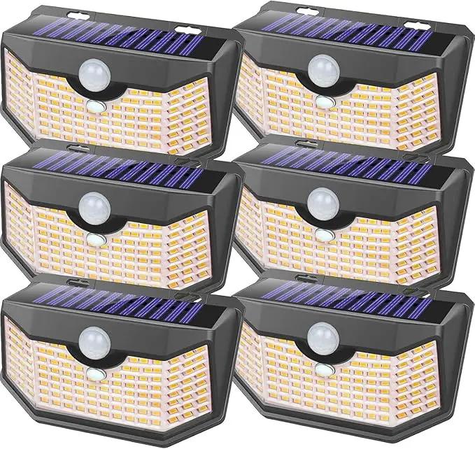 HMCITY 120 LED Outdoor Solar Lights- with Motion Sensor and 3 Lighting Modes, IP65 Waterproof Wide Solar Wall Lights Ideal for Garden Patio Yard (Front Button 6Packs, Warm White) by GreenHaven Gardens