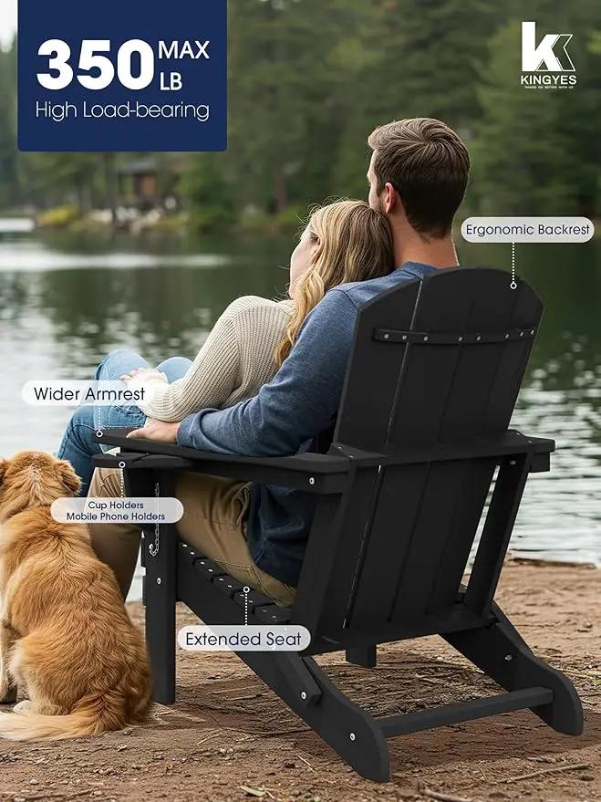 KINGYES Folding Adirondack Chair Set of 2, Dual Cup Holders & All-Weather HDPE, Wood-Like Patio Chair for Backyard, Camping, Pool & Fire Pit, Black by GreenHaven Gardens