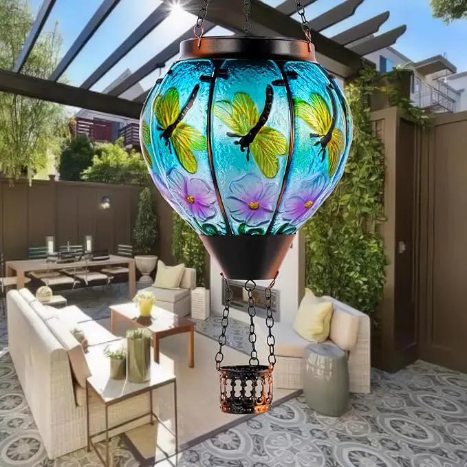 Dragonfly Solar Hot Air Balloon Lantern with Flame, Glass Hot Air Balloon Solar Lantern Outdoor Waterproof, Decorative Hanging Hot Air Balloon Solar Light for Outside Garden Patio Yard by GreenHaven Gardens