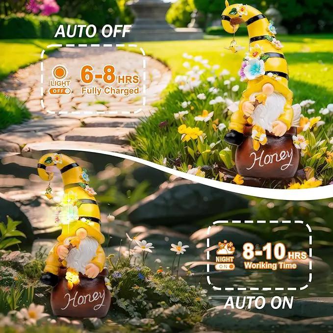 13" Garden Solar Spring Gnomes Statues Outdoor Spring Decor with LED Lighted Bee and Flowers Funny Garden Sculpture for Patio Yard Lawn Decorations Gifts by GreenHaven Gardens