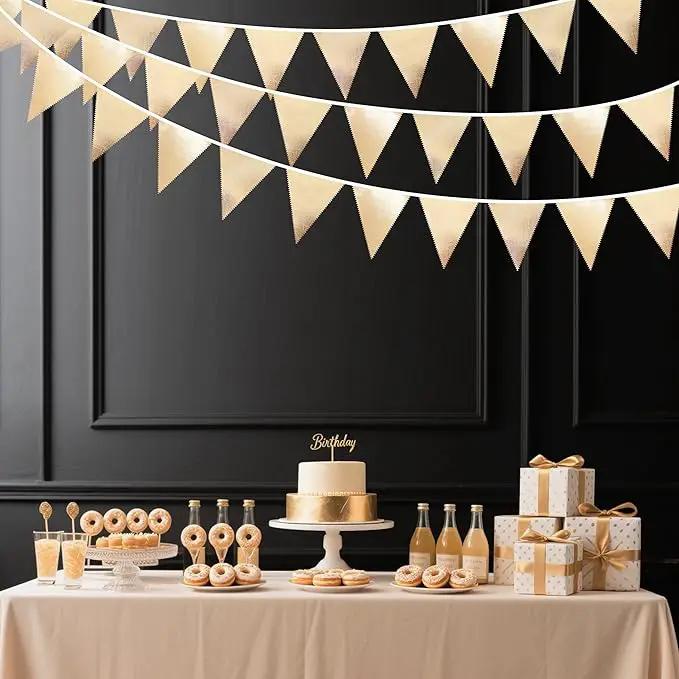 Champagne Gold Party Decoration Metallic Fabric Triangle Pennant Banner Flag Bunting Garland for Birthday Engagement Bridal Shower Wedding Anniversary Graduation Bachelorette Party Decoration Supplies by GreenHaven Gardens