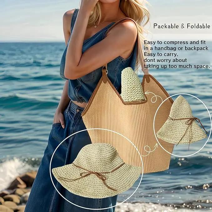 Womens Straw Beach Sun Hats, Foldable Packable Floppy Handmade Crochet Hats for Women,Large Summer Vacation Wide Brim Hat by GreenHaven Gardens