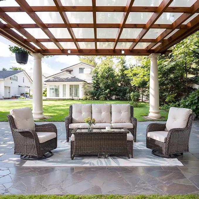Wicker Outdoor Furniture Patio Furniture Set - 6 Piece Patio Conversation Set with Swivel Rocker Chairs, Rattan Sofa, Ottomans and Coffee Table, Beige Cushion by GreenHaven Gardens