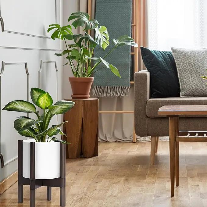 D'vine Dev Planter Pot with Stand - 8 Inch Plastic Cylinder Flower Pot with Wood Planter Holder for Indoor, Matte White Pot + Walnut Color Stand, 55-C-I-1 by GreenHaven Gardens