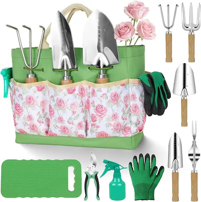 Garden Tool Set,10 Piece Garden Kit,Heavy Duty Stainless Steel Gardening Hand Tools with Durable Storage Tote,Rust-Proof Garden Tools,Gardening Gifts for Women Men Pink Floral Pattern Design by GreenHaven Gardens