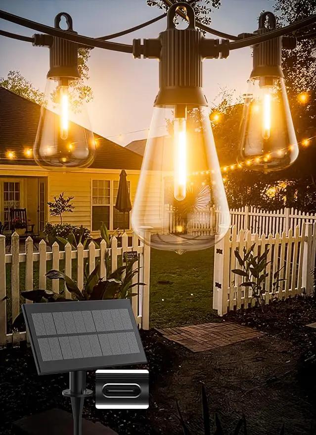 Solar String Lights Outdoor Waterproof 50FT with USB Port and 27 Shatterproof ST38 Bulbs(2 Spare), LED Solar Powered Patio Lights for Outside, Porch, Backyard, Bistro, Garden, Market - 2200K by GreenHaven Gardens