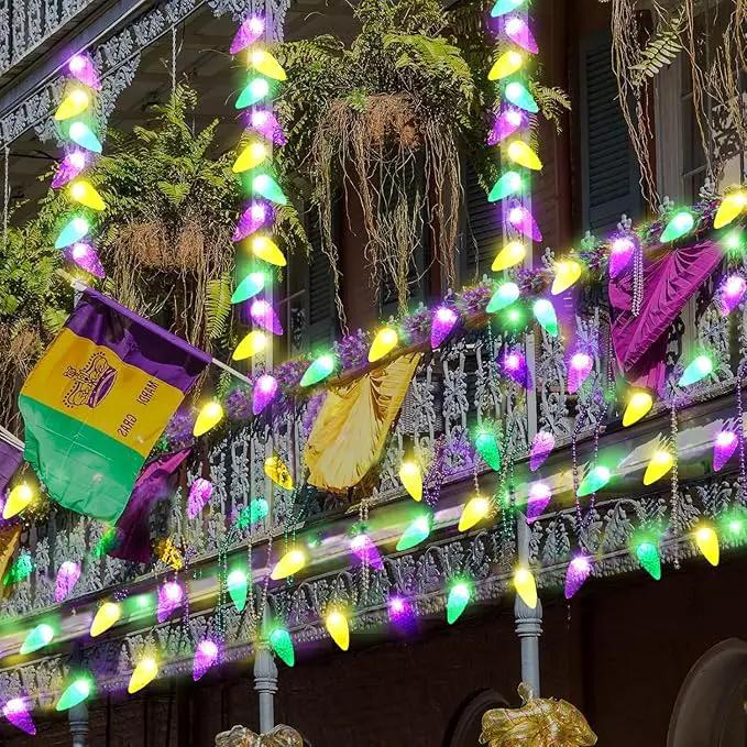Solar Mardi Gras Lights - Yellow Green Purple Decor, 50 LEDs 8 Modes Waterproof Outdoor C6 Strawberry Garden for Camping, Holiday, Arbor, Fence, Balcony Decorations by GreenHaven Gardens