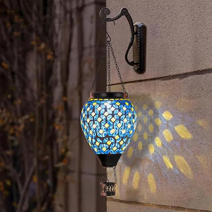 Mosaic Hot Air Balloon Solar Lantern with Flickering Flame, Blue Mosaic Hanging Solar Lantern Lights Outdoor Waterproof for Garden Patio Gifts for Women Mom Grandma by GreenHaven Gardens