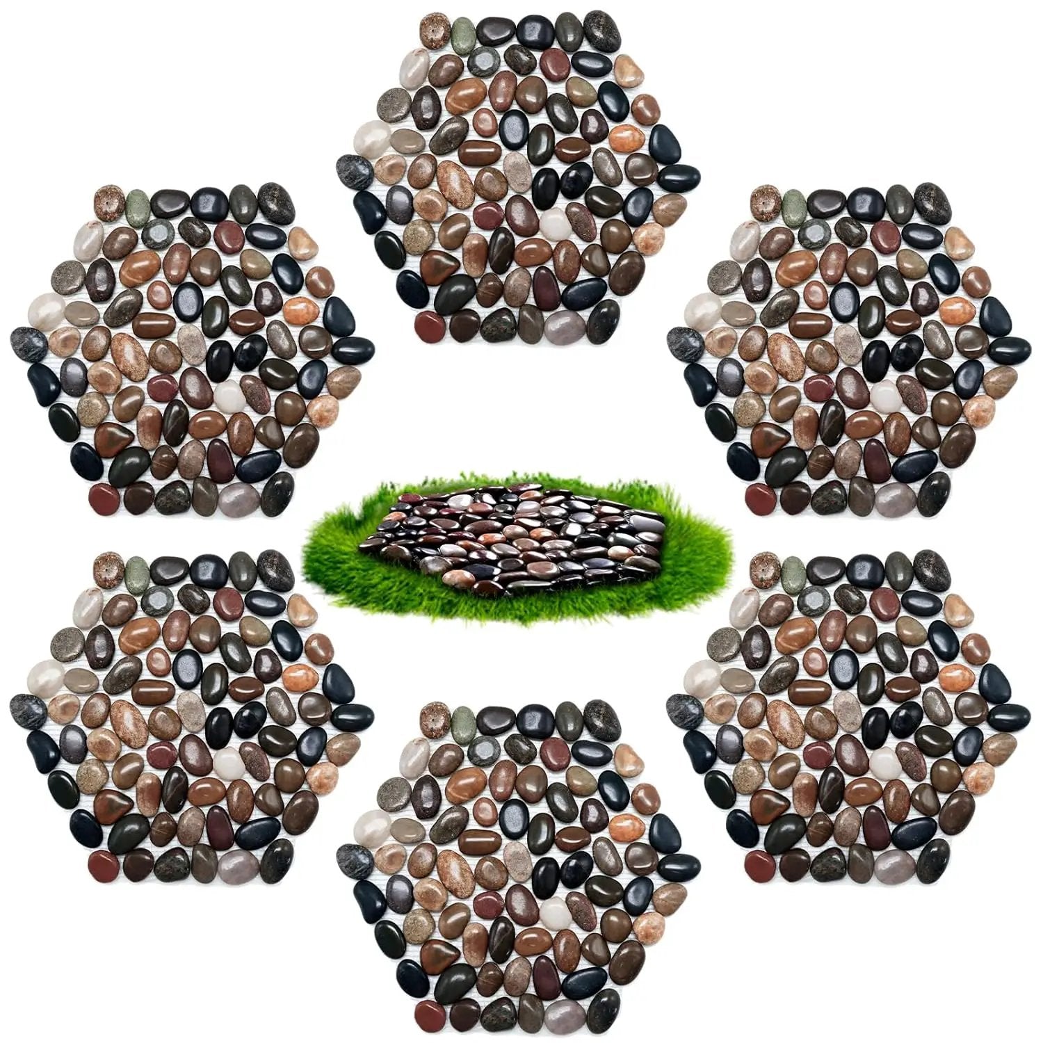 10in River Rock Stepping Stones Set - 6 Pack | Polished Pebble | Long-Lasting PVC Mesh Backing | Perfect for Garden Paths and Lawns Outdoor Landscaping Decoration | Mixed Rhombus by GreenHaven Gardens