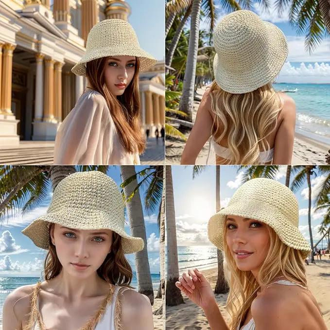 Womens Straw Beach Sun Hats, Foldable Packable Floppy Handmade Crochet Hats for Women,Large Summer Vacation Wide Brim Hat by GreenHaven Gardens