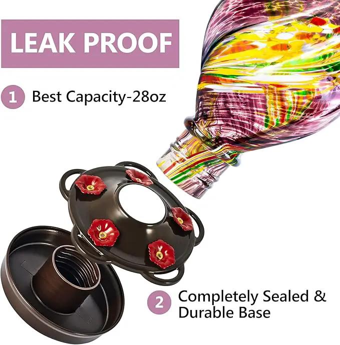 LUJII Ice Cream Shaped Spiral Hummingbird Feeder for Outdoors Hanging, Hand Blown Glass, 28 fl.oz, Leak Proof & Rustproof, Includes an Ant Moat with Hook, Unique & Stylish Glass Art & Decor (Purple) by GreenHaven Gardens