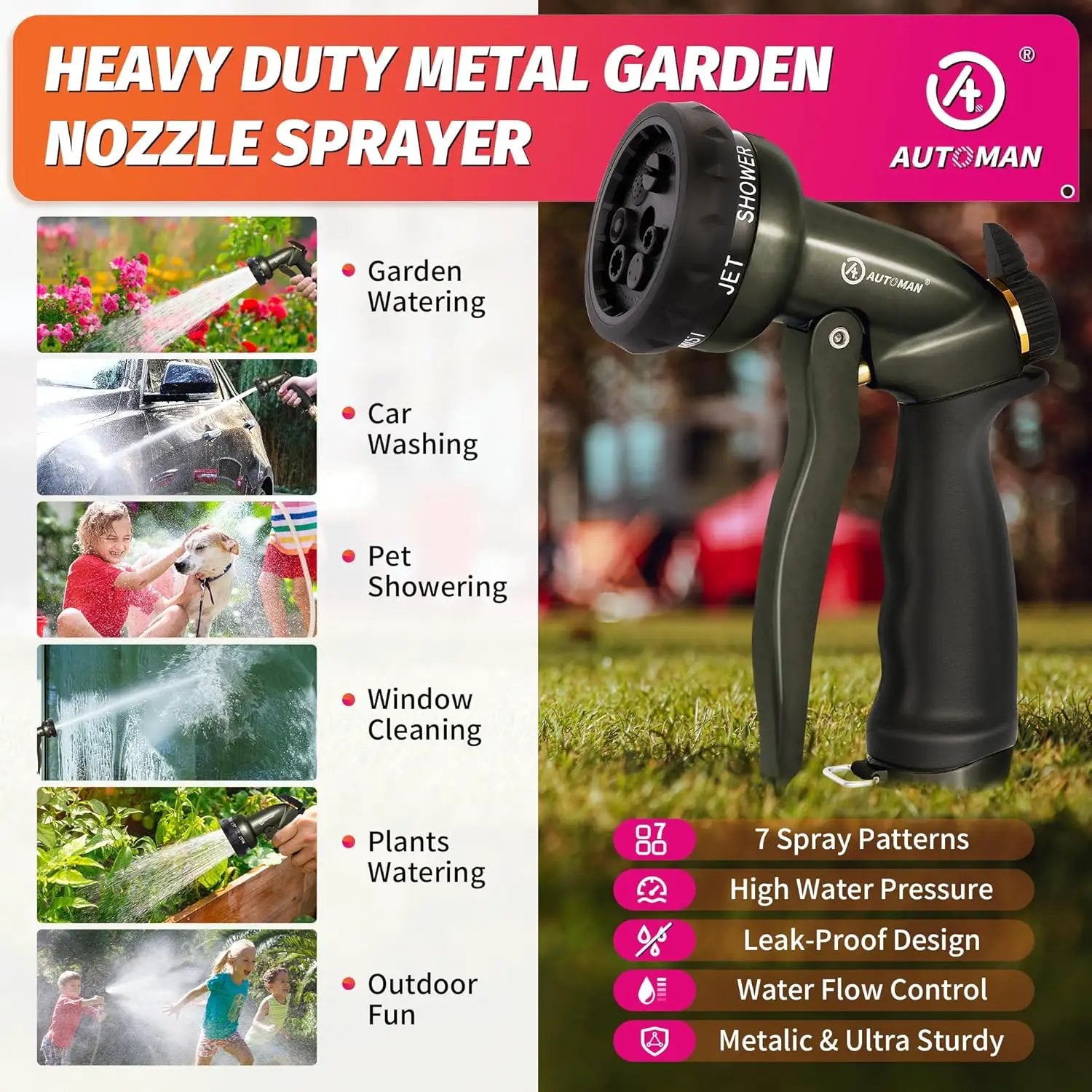 AUTOMAN Garden Hose Nozzle - 7 Patterns Sprayer, 100% Metal High Pressure Spray Nozzle, Labor-Saving Design, Heavy Duty Water Hose Nozzle for Garden Watering, Car Washing, Window Cleaning,Pets Bathing by GreenHaven Gardens