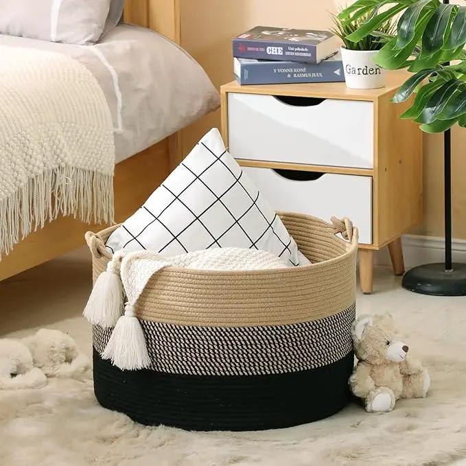 KAKAMAY Large Blanket Basket (20"x13"),Woven Rope Baskets for storage Baby Laundry Hamper, Cotton Rope Blanket Basket for Living Room, Laundry, Nursery, Pillows,Baby Toy chest (Jute/Black) by GreenHaven Gardens