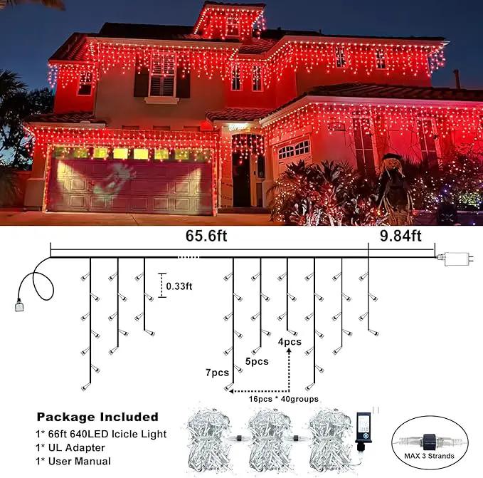 Christmas Icicle Lights Outdoor, 66Ft 640 LED Icicle Lights for Outside with 8 Modes Timers, Waterproof Plug in String Light for House Yard Eave Patio Wedding Party Holiday Decorations, Red by GreenHaven Gardens