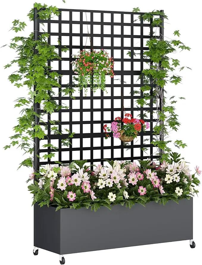 Metal Planter Box with Trellis Privacy Screen, Raised Garden Bed with Lattice Trellis & Wheels, Privacy Planters for Patio, Planter Box for Climbing Plants, Flower, 73"x 47"x 16", Black by GreenHaven Gardens