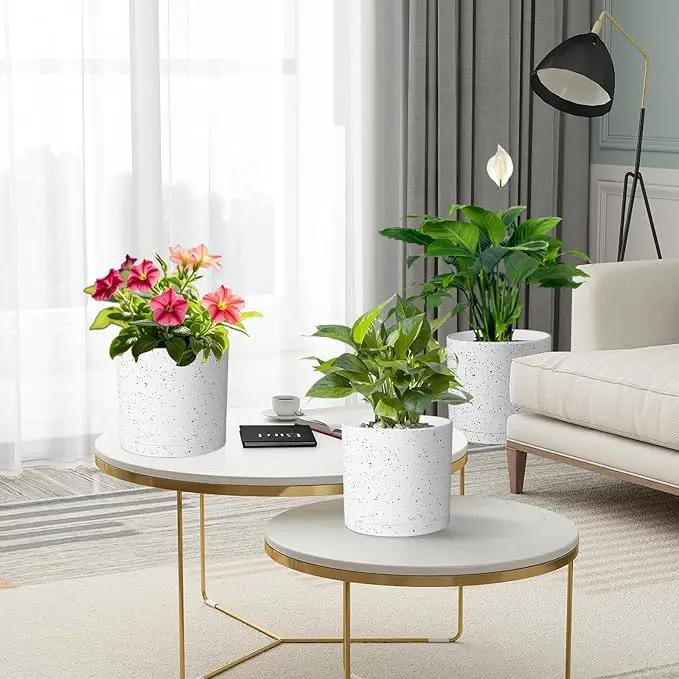 10/8/6 inch Deep Flower Pots, Cylinder Large Plant Pots for Outdoor Indoor Plants, 3 Pack Tall Plastic Planters with Drainage Holes and Saucers for Garden House Plants, Speckled White by GreenHaven Gardens