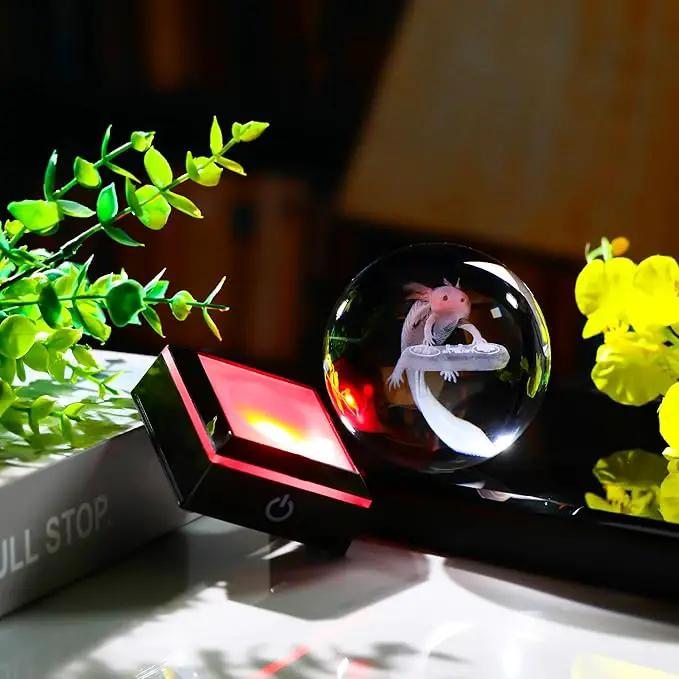 Axolotl Glass Animals Gamer Room Decor - 3D Crystal Ball Night Light Statue, 3.15'' Gamer Gifts for Kids by GreenHaven Gardens