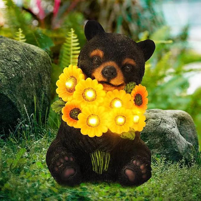 ILLUMINEW Solar Garden Lights Outdoor Statues Black Bear with Sunflowers, Sculpture Decor Mother Gifts for Women, Men or Daughter, Unique Garden Statues for Housewarming Gifts by GreenHaven Gardens