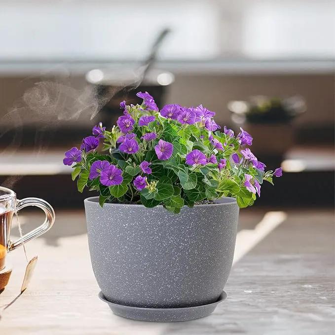 Plant Pots 12 inch, Plastic Planters with Drainage Holes and Saucers, Large Flower Pots for Indoor Outdoor Plants, Modern Decorative Pots for Garden House Plants, Speckled Grey by GreenHaven Gardens