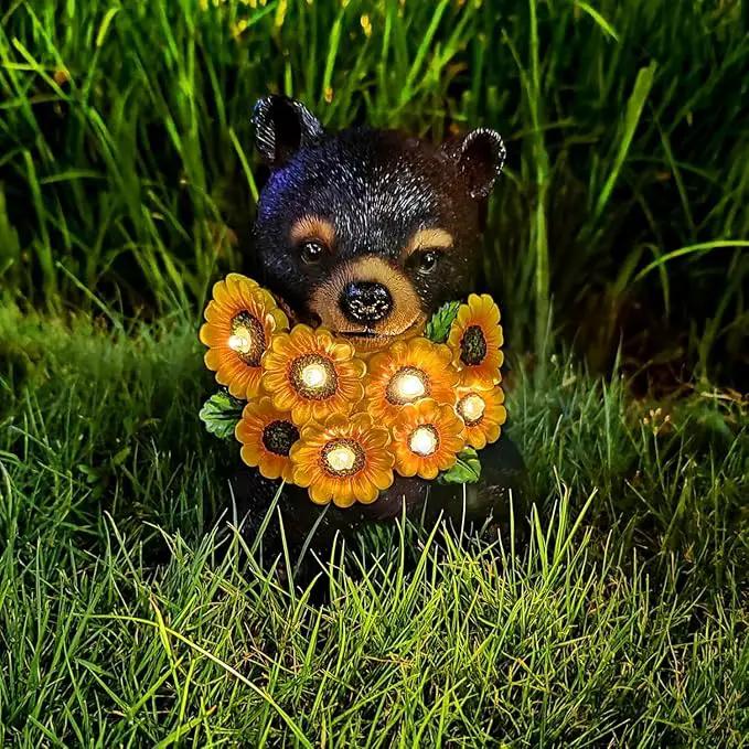 ILLUMINEW Solar Garden Lights Outdoor Statues Black Bear with Sunflowers, Sculpture Decor Mother Gifts for Women, Men or Daughter, Unique Garden Statues for Housewarming Gifts by GreenHaven Gardens