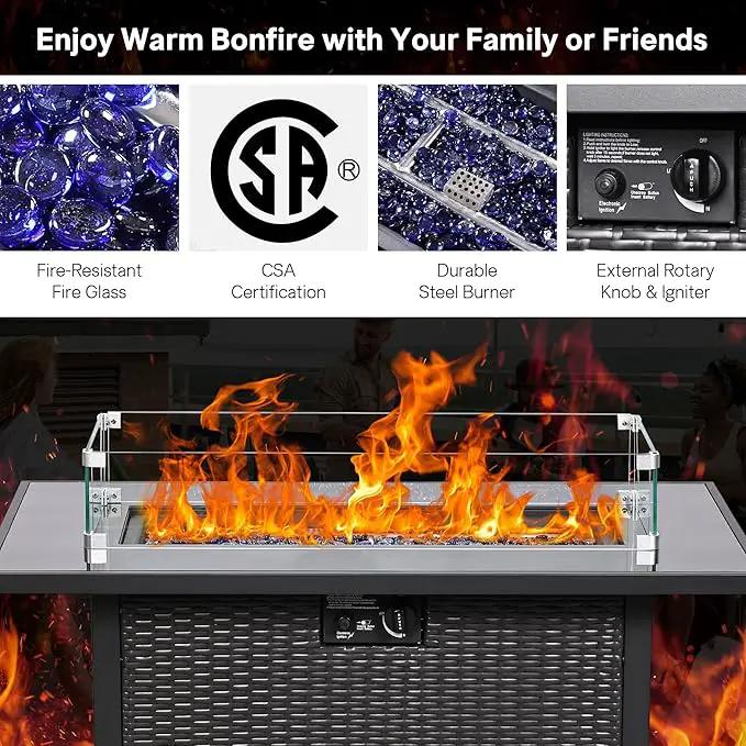 5 Piece Patio Furniture Set with 43" Propane Fire Pit Table, Outdoor Wicker Conversation Set, Rattan Modern Sectional Sofa Couch with Coffee Table for Backyard Porch Garden Poolside, Black-Blue by GreenHaven Gardens