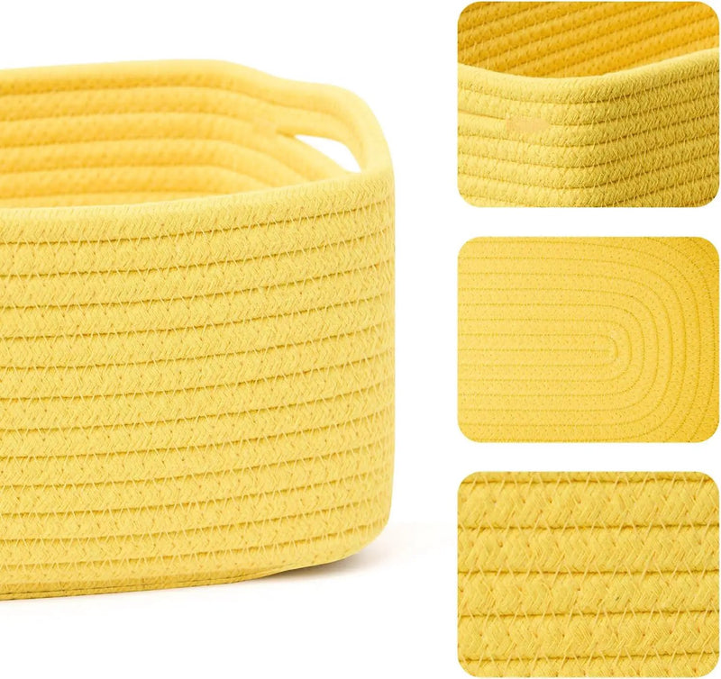 Small Storage Baskets for Organizing | Closet Organizer Bins | Shelf Toy Basket | Woven Rope Baskets | Cube Decorative Box | Shallow Basket | 13x8.5x5.1” | 3 Packs Yellow by GreenHaven Gardens