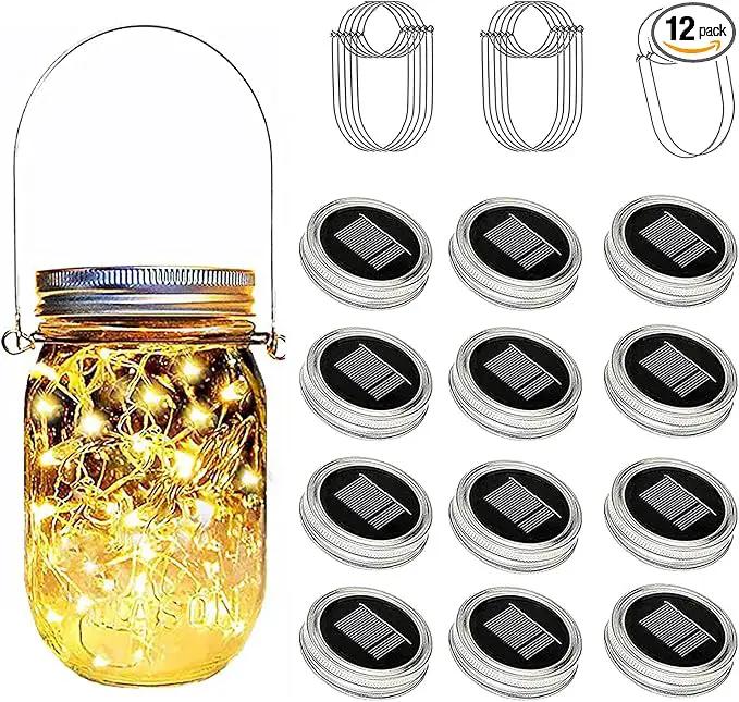 Solar Mason Jar Lights Lids, 12 Pack 30 Led Fairy Lights(Jars Not Included), Outdoor Hanging Mason Jar Solar Lights, Fairy in a Jar Firefly Lights for Patio Garden Table Decor Gifts by GreenHaven Gardens