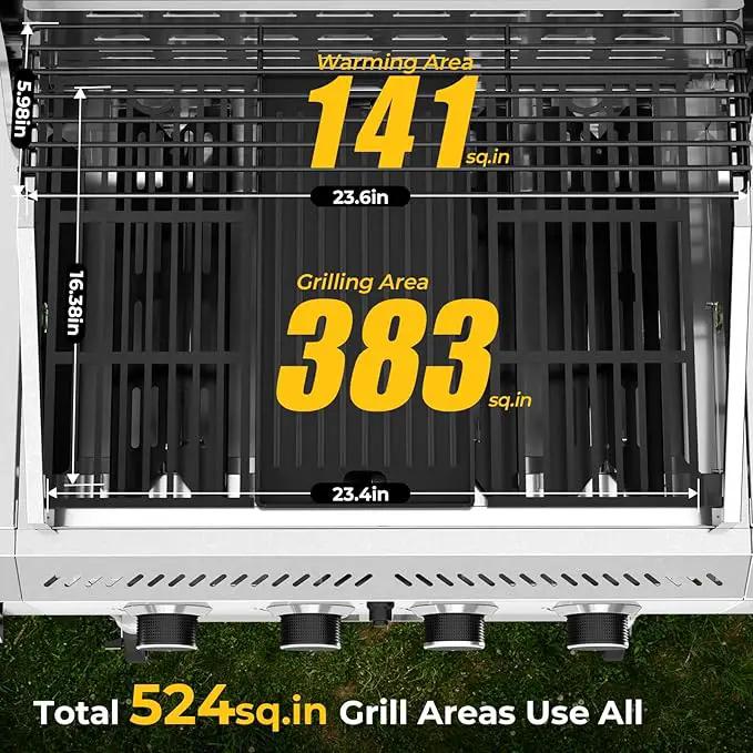 R.W.FLAME 4-Burner Gas Grill with Side Burner, Stainless Steel Propane Grill 42000BTU for Outdoor Cooking, with Porcelain-Enameled Cast Iron Grates, Baking Pan, Silver by GreenHaven Gardens