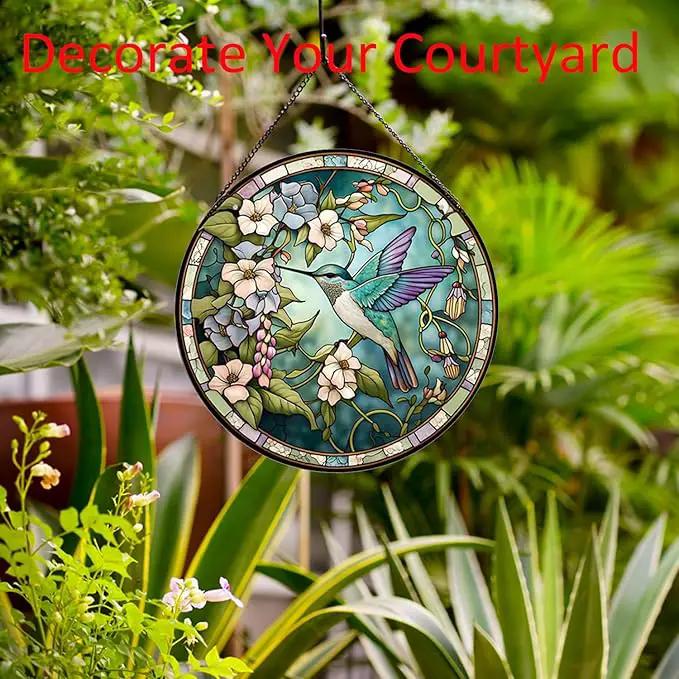Hummingbirds and Flowers Pattern Stained Glass Suncatchers for Windows,Hanging Stained Glass Suncatcher,20cm/7.87inch Hand-Painted Sun Catcher Garden Painted Glass Panel Decor Themed Gift by GreenHaven Gardens