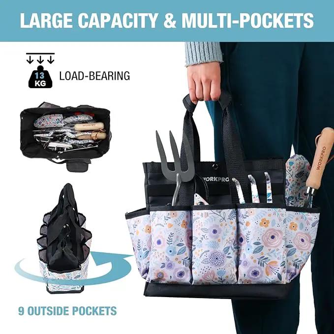 WORKPRO Garden Tool Bag, 9 Pockets Gardening Bag, Heavy Duty Oxford Garden Tote Caddy (Tools NOT Included), 12" x 12" x 6" (Floral White) by GreenHaven Gardens