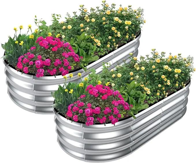 SnugNiture Galvanized Raised Garden Bed Outdoor, 2 Pcs 4x2x1ft Oval Metal Planter Box for Planting Plants Vegetables, Silver by GreenHaven Gardens