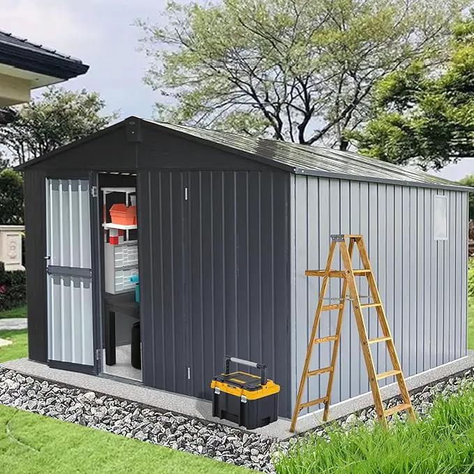 Domi Backyard Storage Shed 11’ x 12.5’ with Galvanized Steel Frame & Windows, Outdoor Garden Shed Metal Utility Tool Storage Room with Lockable Door for Patio(Dark Gray) by GreenHaven Gardens