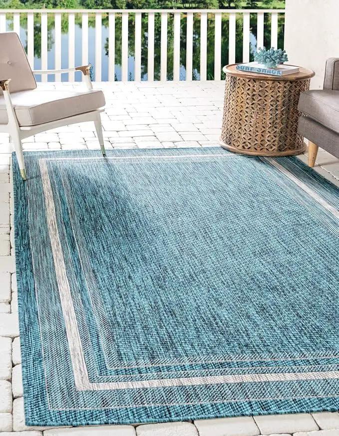 Unique Loom Outdoor Border Collection Area Rug - Soft Border (8'x 11' 4" Rectangle, Teal/ Ivory) by GreenHaven Gardens