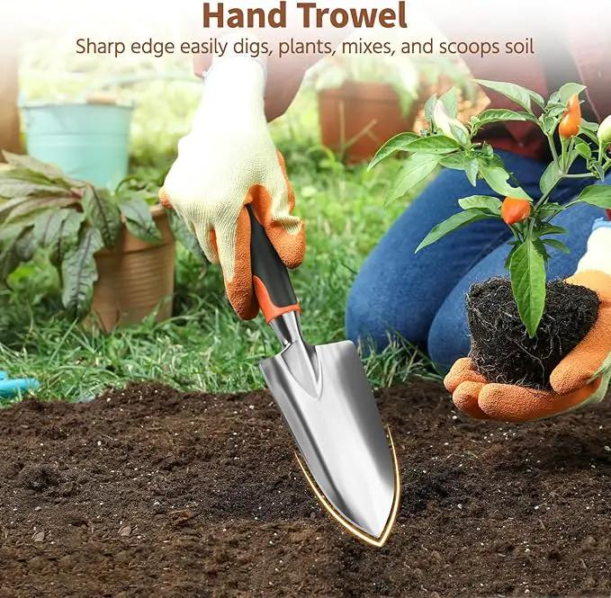 LASZOLA 3 Piece Garden Tool Set Include Hand Trowel Rake and Transplant Shovel for Women, Indoor Heavy Duty Small Spade Kit with Ergonomic Handle to Weed and Loosen, for Mom and Plant Beginner, Orange by GreenHaven Gardens