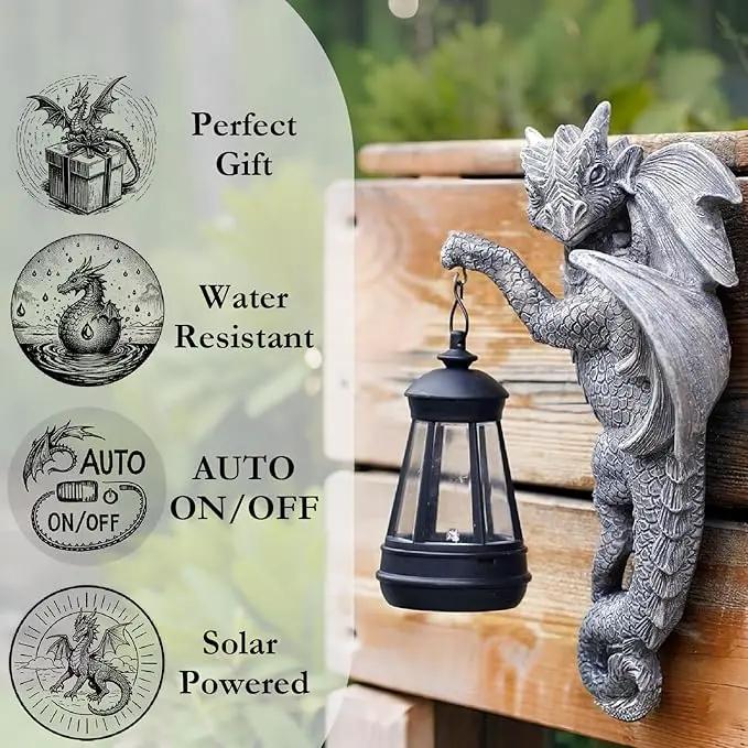 Dragon Statue Solar Lantern for Garden Décor, Dragons Figurine Night Light, 10”Outdoor Decorative Lamp, Mountable on Trees/Walls/Fences. Birthday/Housewarming Gifts for Dragon Fans by GreenHaven Gardens