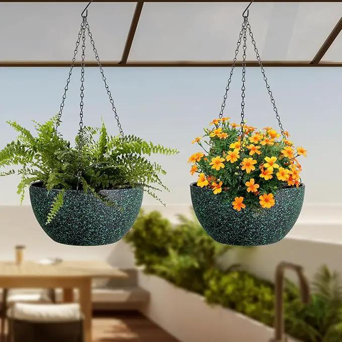 12 inch Large Hanging Planters for Indoor Outdoor Plants, 2 Pack Hanging Flower Pots with Drainage Holes and Chain, Plastic Hanging Baskets for House Plants, Black with Green Speckles by GreenHaven Gardens