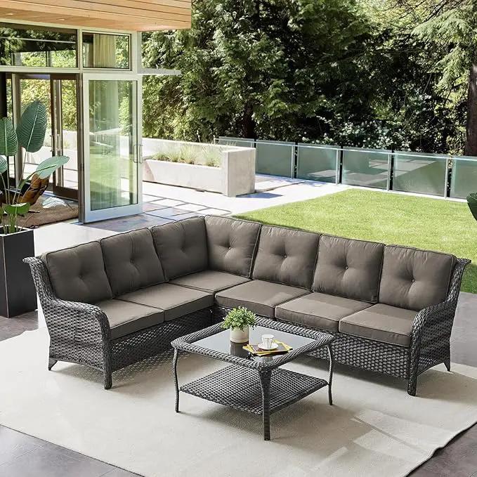 Outdoor Furniture Sectional Sofa L Shaped Couch - Patio Wicker Furniture Set with Coffee Table, 3 Piece Rattan Patio Conversation Sets with Gray Cushion for Deck Backyard Sunroom by GreenHaven Gardens
