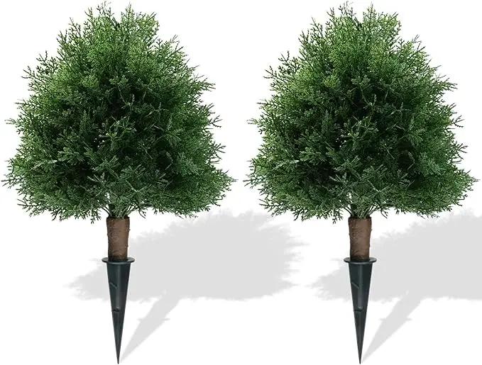 20" Artificial Cedar Topiary Ball Trees with Ground Spike, 2 Pack UV Resistant Artificial Shrubs, Fake Evergreen Artificial Plant Brush for Indoor Outdoor Front Porch Garden by GreenHaven Gardens