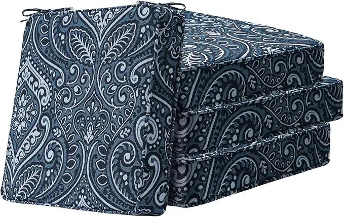 Square Corner Seat Cushions, 18.5" x 16" x 3", Set of 4, Indoor Outdoor Water Repellent Universal Chair Pads with Ties for Patio Furniture, Garden Deck Dining Chairs, Damask Blue Flower by GreenHaven Gardens