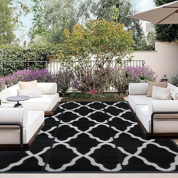 OutdoorLines Outdoor Plastic Area Rugs for Patio 4x6 ft - Reversible Outside Carpet, Stain & UV Resistant RV Mats, Straw Rug for Camping, Deck Garden, Porch and Balcony, Moroccan Black & Light Grey by GreenHaven Gardens